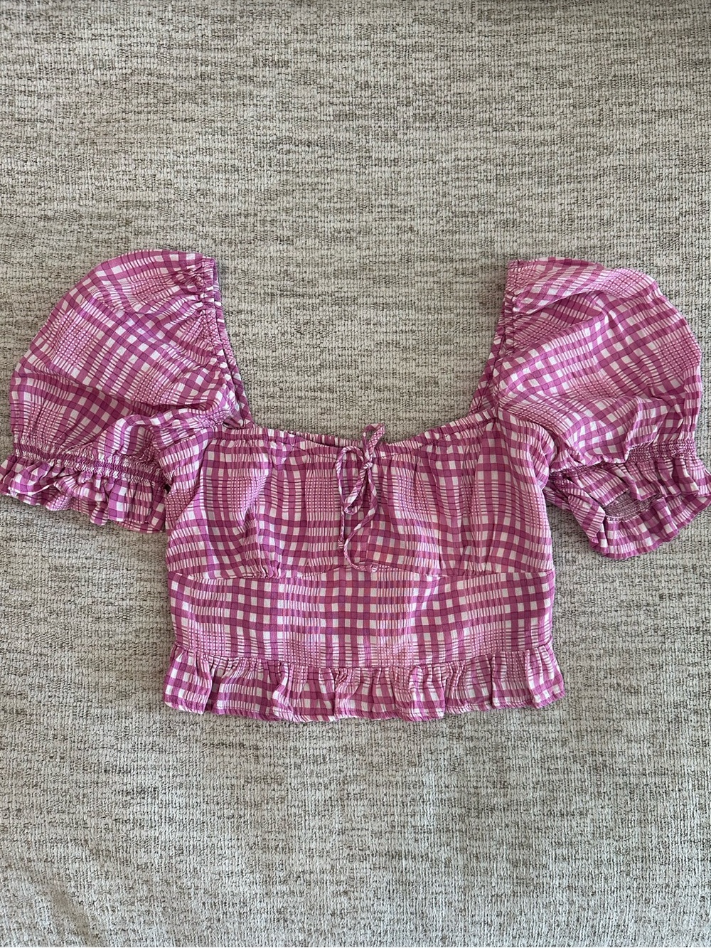Faithfull the Brand Pink Plaid Puff Sleeve Crop Top